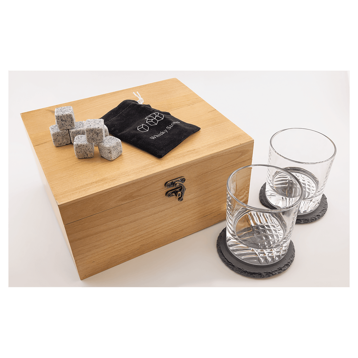 Custom Engraved Whiskey Gift Set with Wooden Box & Slate Coasters